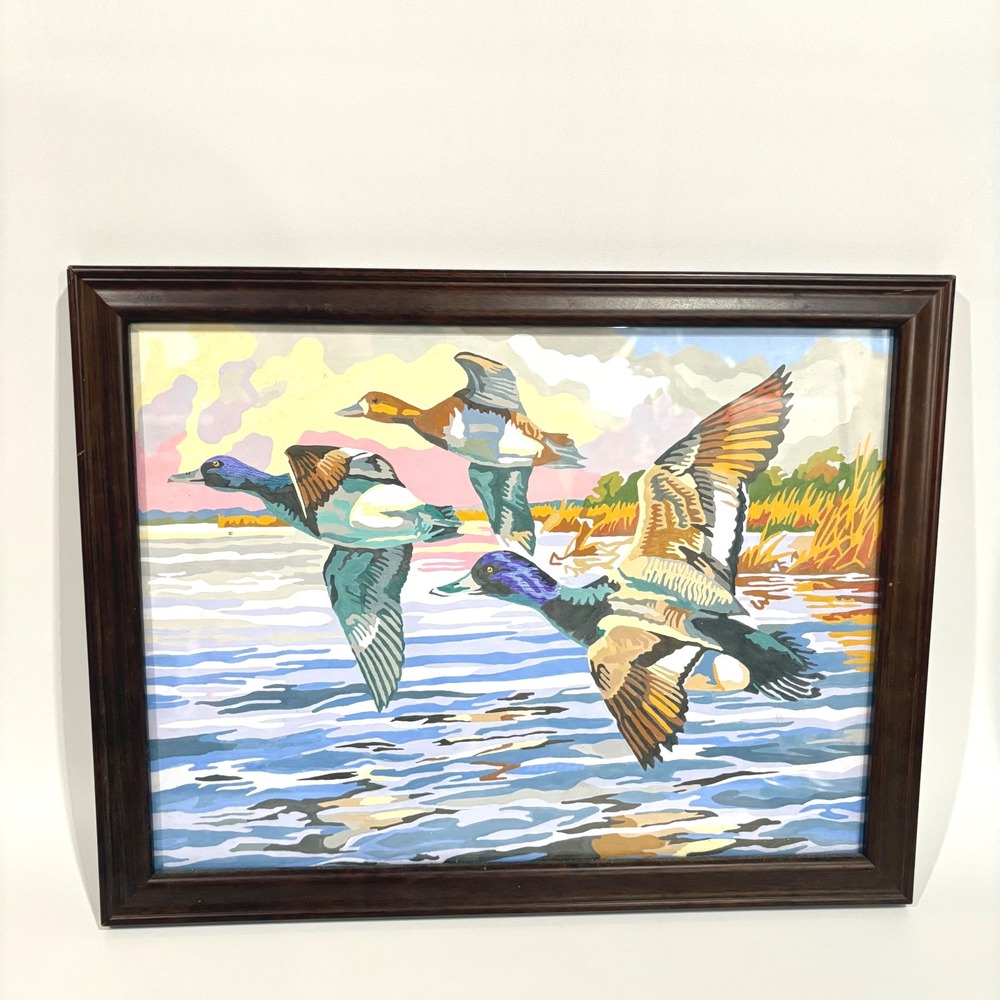 Vintage Paint by Number Flying Ducks Mallards Framed Wall Art Cabin Decor